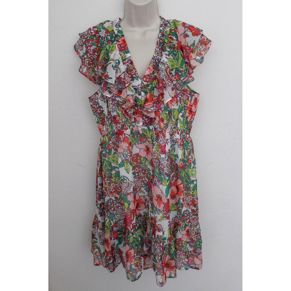 Roller Rabbit Dress XL White Floral Pullover Short V-Neck Smocked Ruffles Summer
